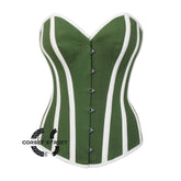 Olive Green Cotton With White Stripes Burlesque Gothic Overbust Corset Bustier Top